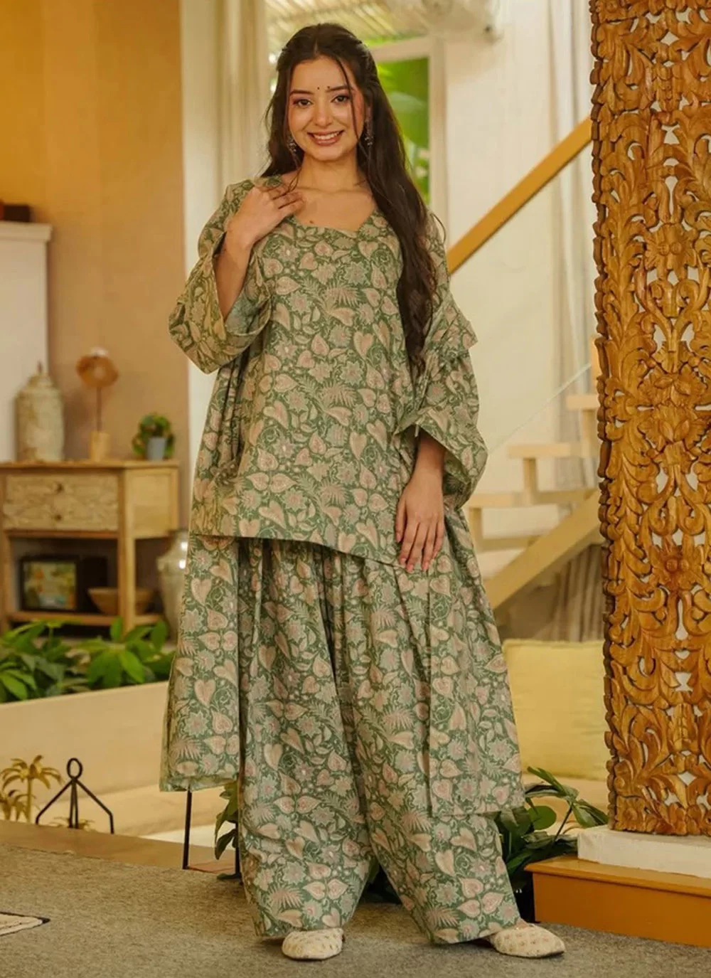 Green Cotton Silk Salwar Suit With Digital Print